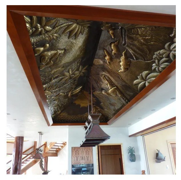 Custom cast relief art panel ceiling, hand-hammered brass and copper