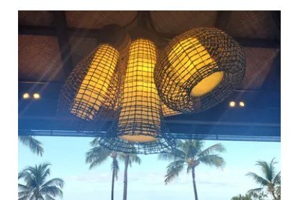 Woven pendant lighting install at Ama'Ama Restaurant, Aulani