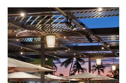 Woven pendant lighting over open-air dining, Queensbreak at Marriott Waikiki